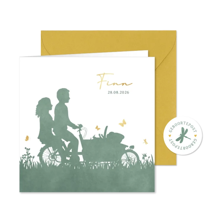 Geboortekaartje met silhouet van bakfiets met zoontje 