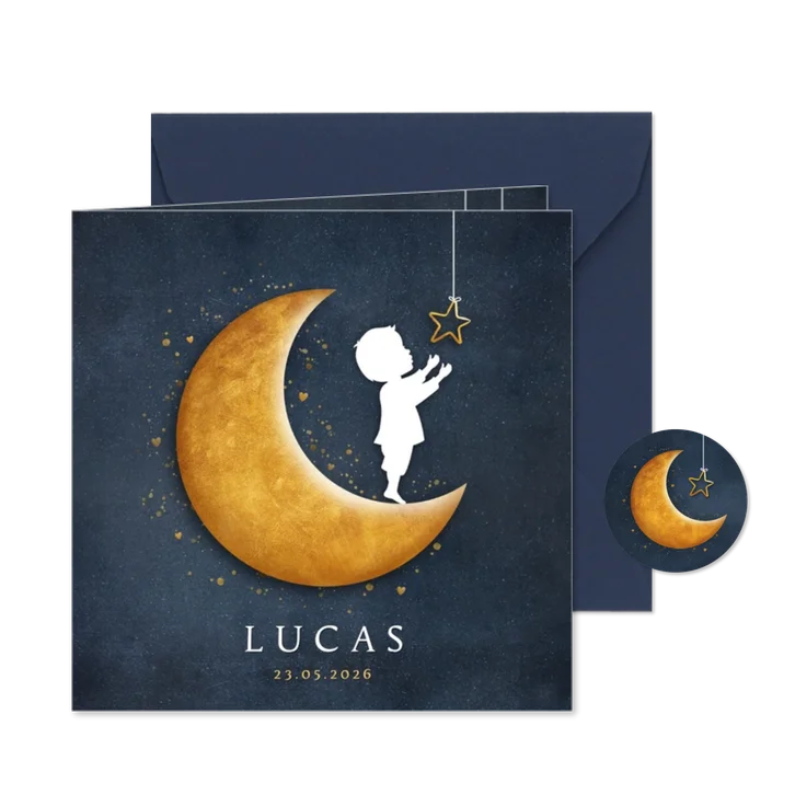 Geboortekaartje met silhouet van een jongen op gouden maan