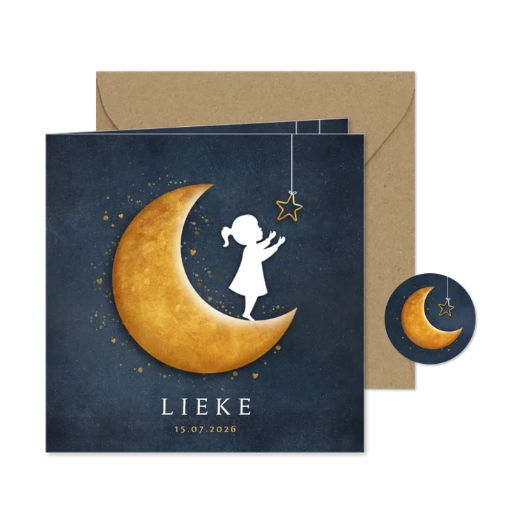 Geboortekaartje met silhouet van een meisje op gouden maan