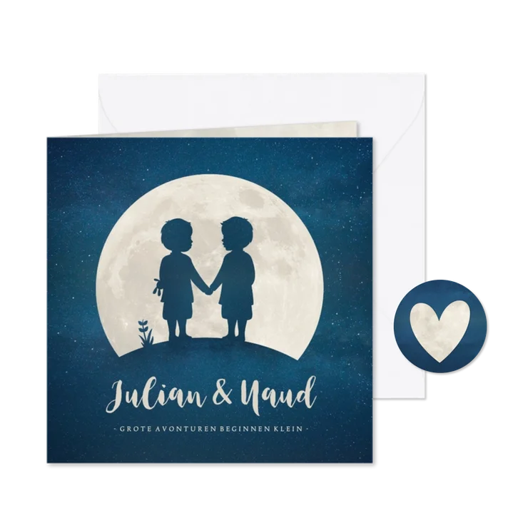 Geboortekaartje met silhouet van jongens tweeling in maan