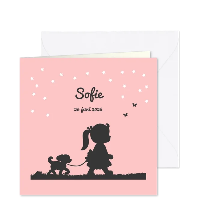 Geboortekaartje met silhouet van meisje en hondje