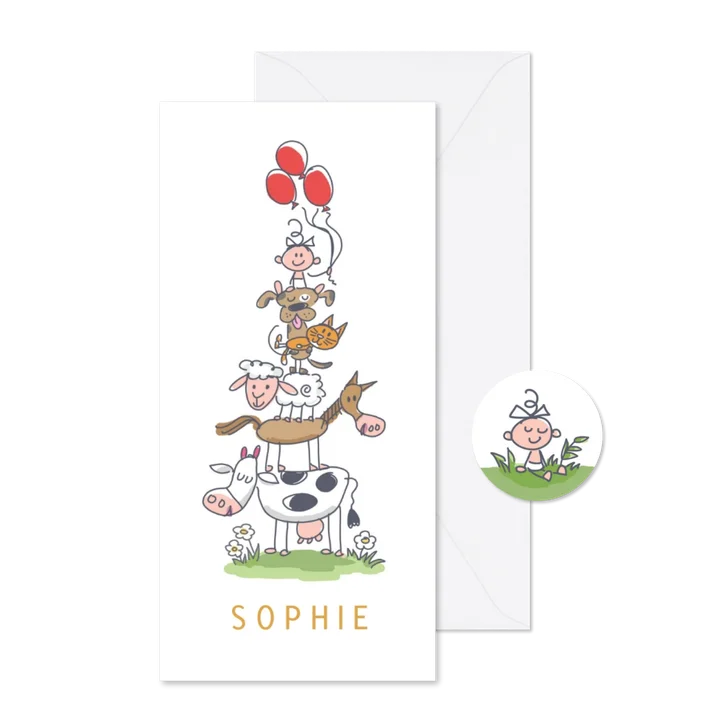 Geboortekaartje met stapel dieren en een meisje