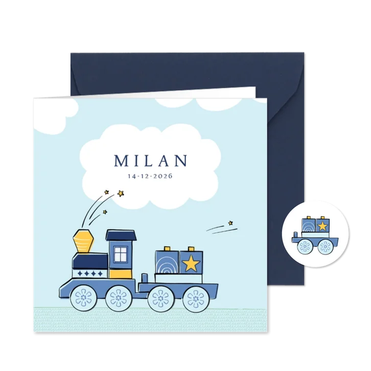 Geboortekaartje met stoere blauwe speelgoedtrein 