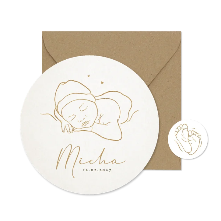 Geboortekaartje met tekening van baby goud hartjes lief