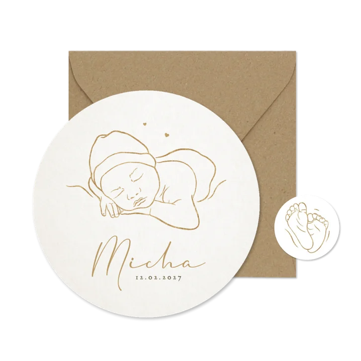 Geboortekaartje met tekening van baby goud hartjes lief