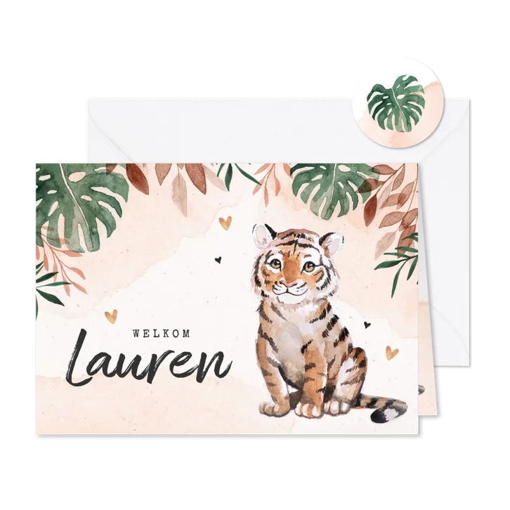 Geboortekaartje met tijger jungle waterverf meisje