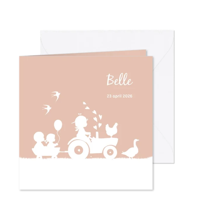 Geboortekaartje met trekker met twee broertjes en een zusje