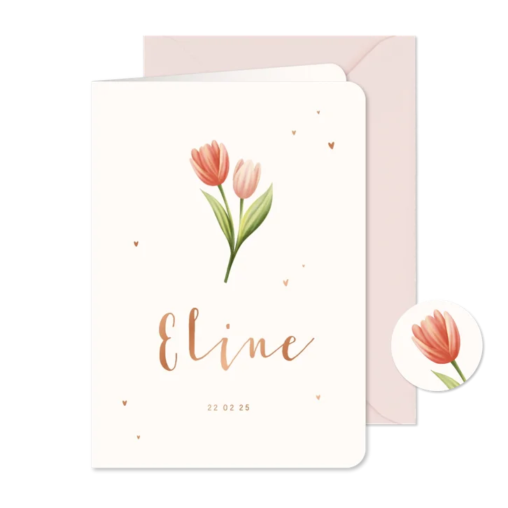 Geboortekaartje met tulpen en koperen hartjes