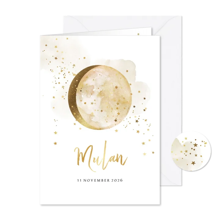 Geboortekaartje met watercolour, maan en sterretjes in goud