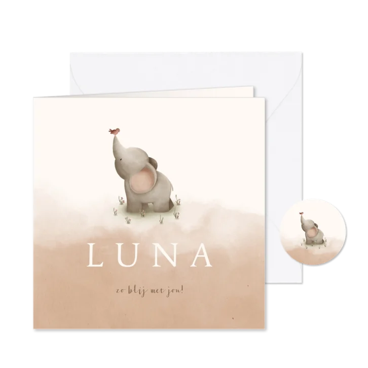 Geboortekaartje met zalmroze waterverf en een olifantje