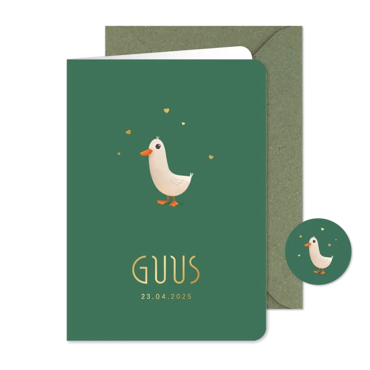 Geboortekaartje minimalistisch dieren gans hartjes goud