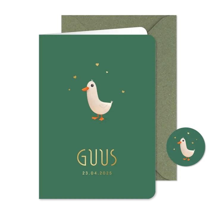 Geboortekaartje minimalistisch dieren gans hartjes goud