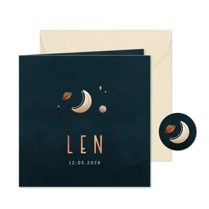 Geboortekaartje minimalistisch maan en planeten koperfolie