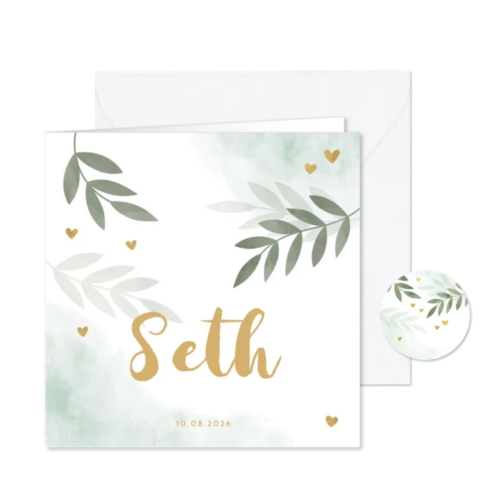 Geboortekaartje mintgroen waterverf takjes gouden hartjes