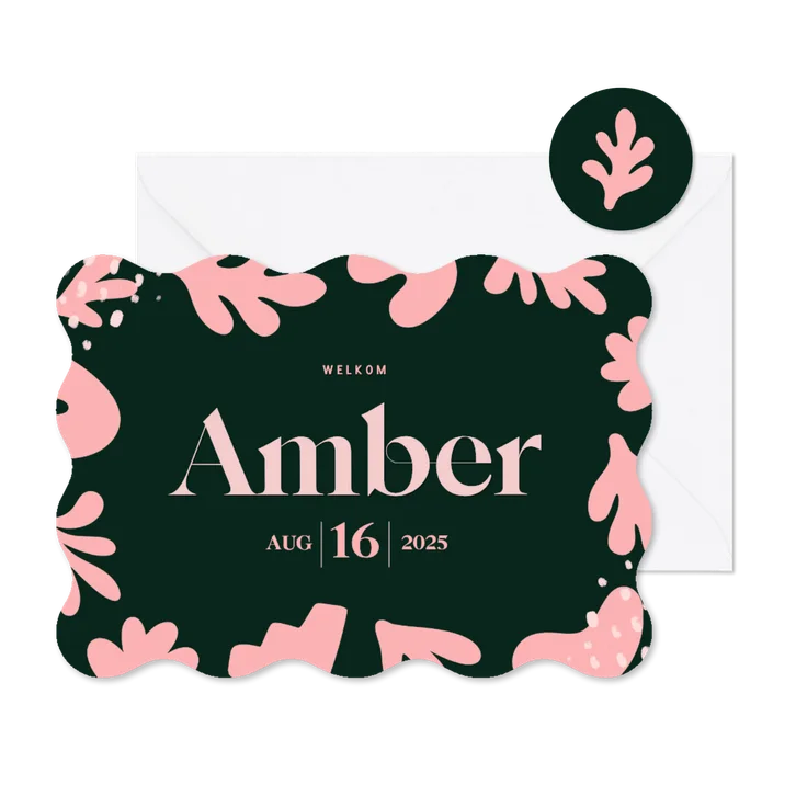 Geboortekaartje modern met golvende rand groen met roze