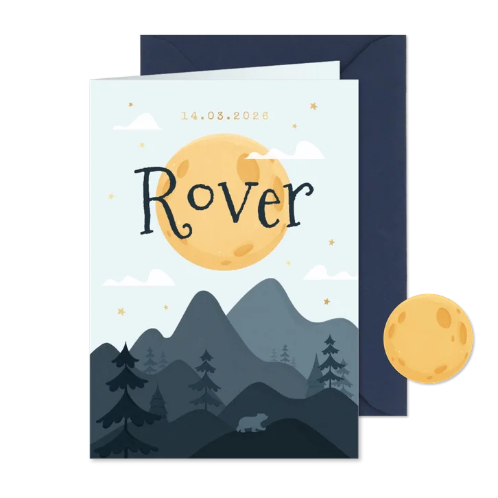 Geboortekaartje natuur bergen bomen beer maan jongen