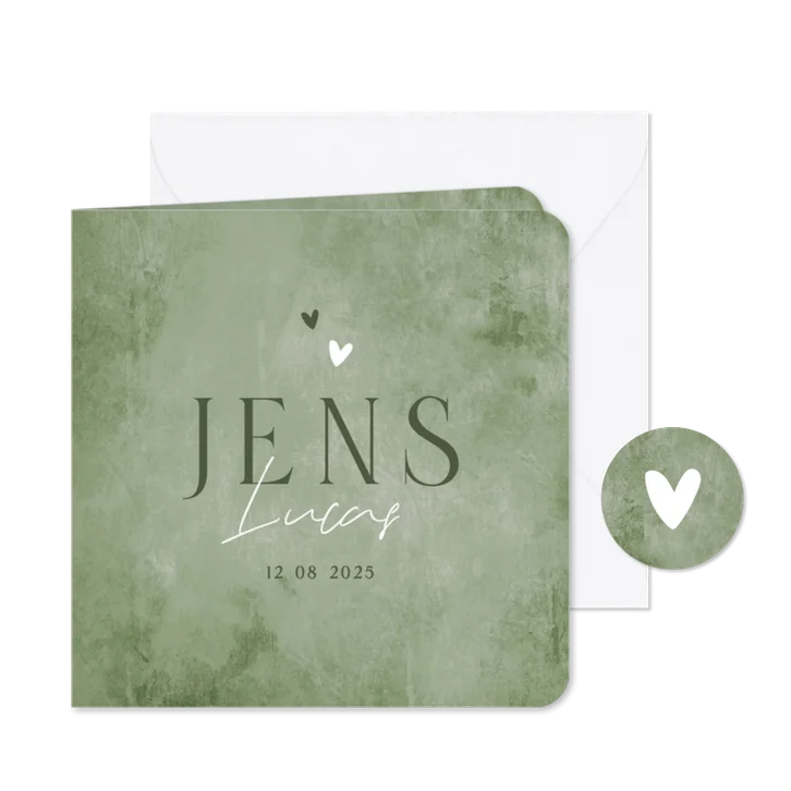 Geboortekaartje natuurlijk stijlvol jongen groen hartjes