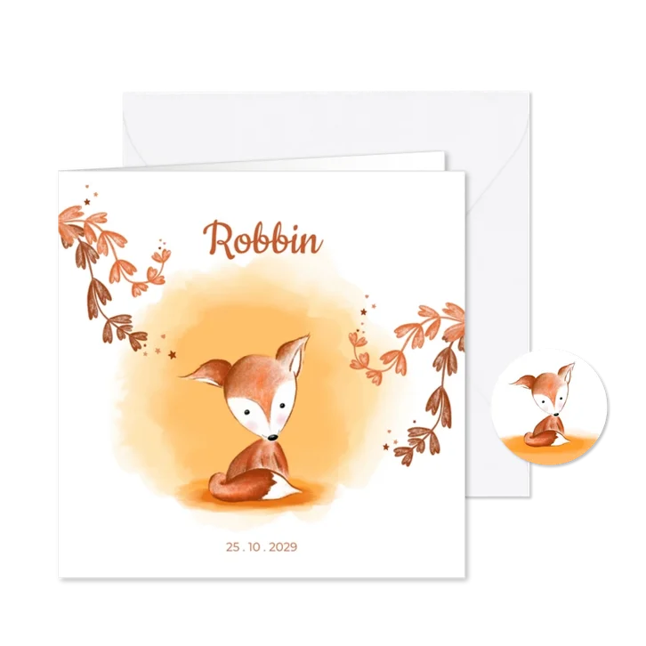 Geboortekaartje neutraal met lief vosje bruin oranje tinten
