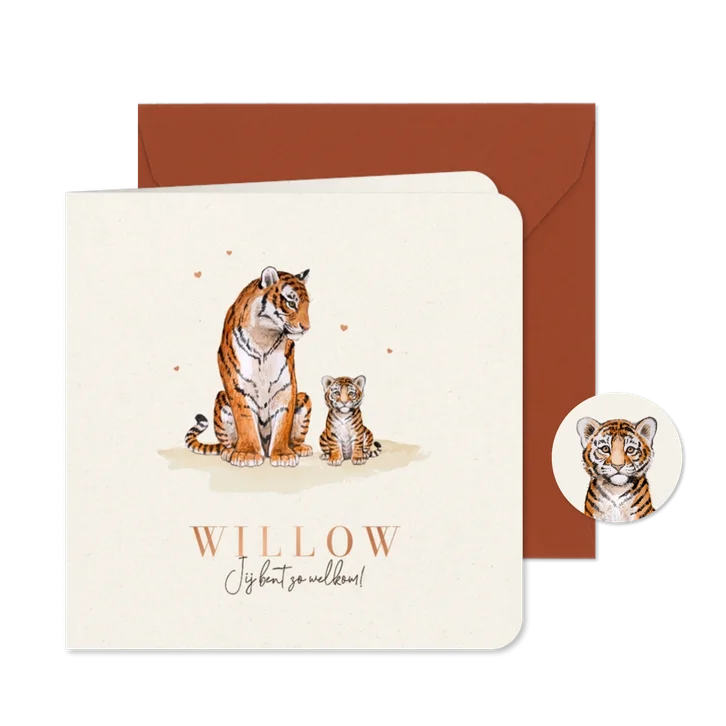 Geboortekaartje neutraal tijgers schattig hartjes koper
