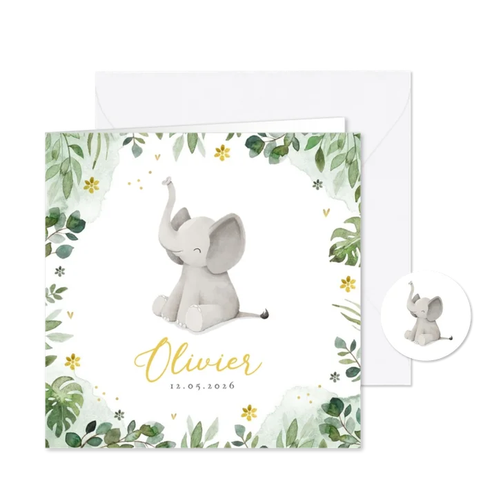 Geboortekaartje olifant jungle bloemen waterverf hartjes