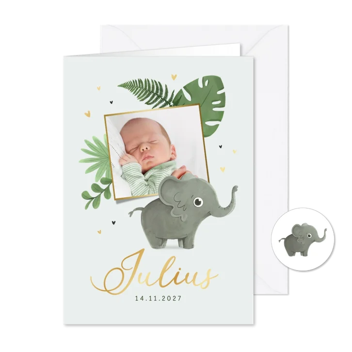 Geboortekaartje olifant jungle dieren goud hartjes foto