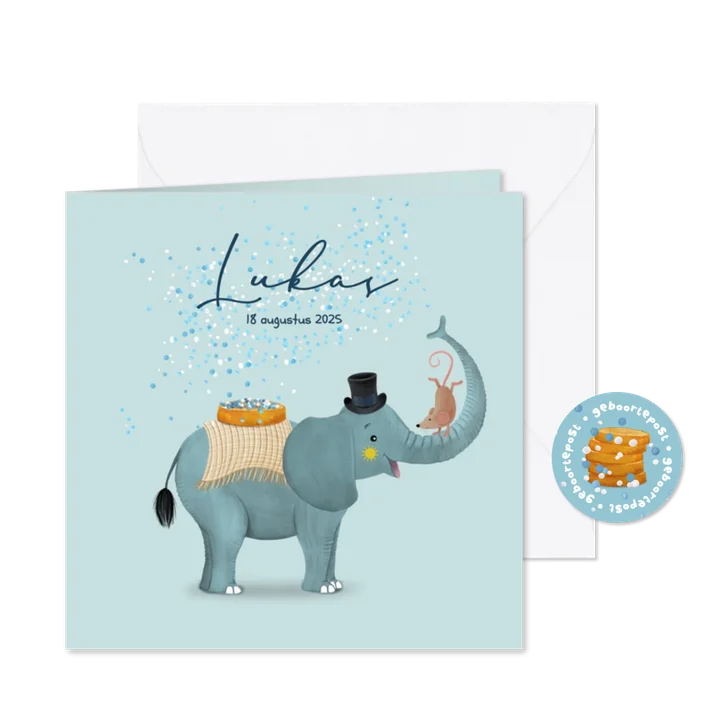 Geboortekaartje olifant met beschuit met muisjes