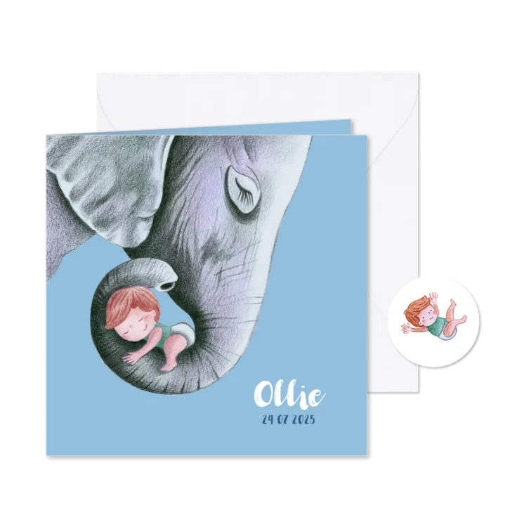 Geboortekaartje olifant met jongetje