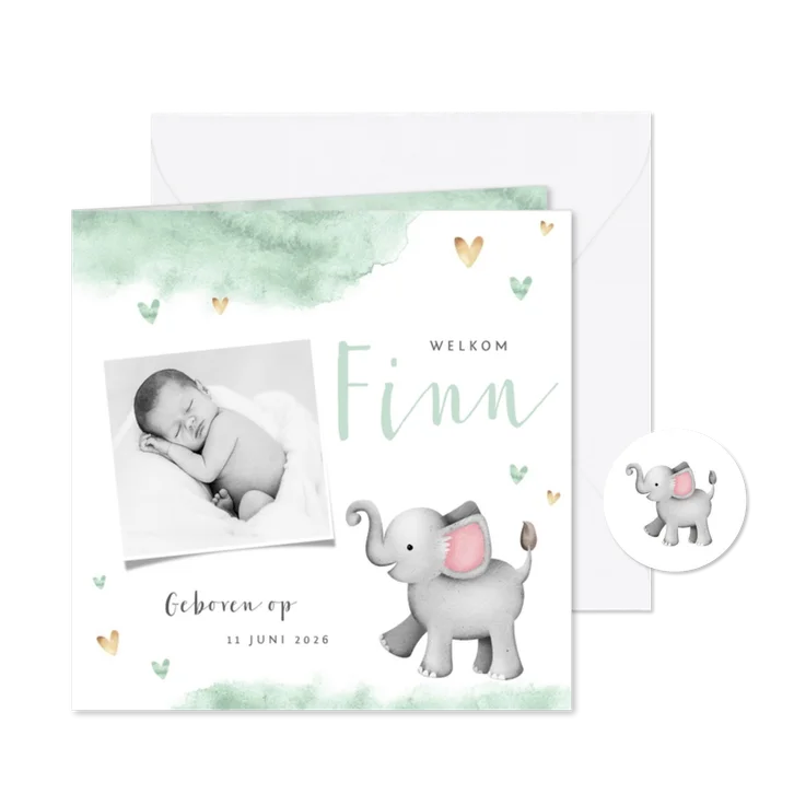 Geboortekaartje olifant mint waterverf hartjes foto