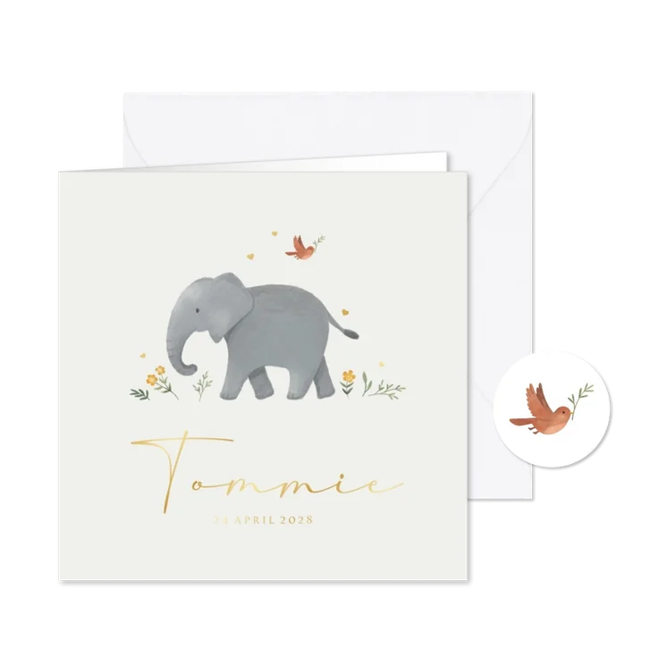 Geboortekaartje olifant schattig lief dieren goud hartjes