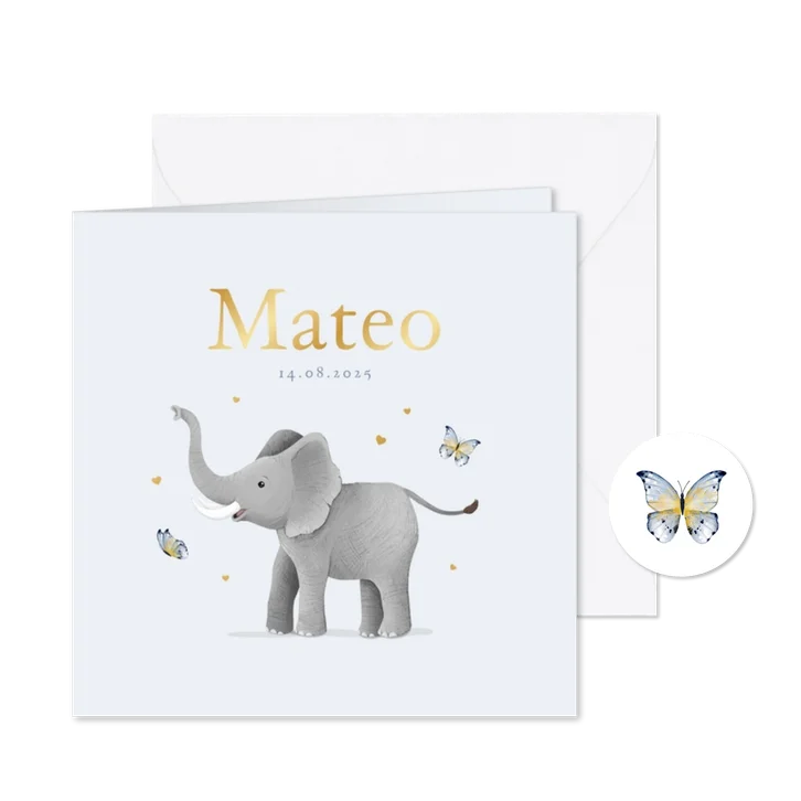 Geboortekaartje olifant vlinders hartjes goud illustratie