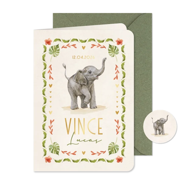 Geboortekaartje olifantje jungle kleurrijk vrolijk kader