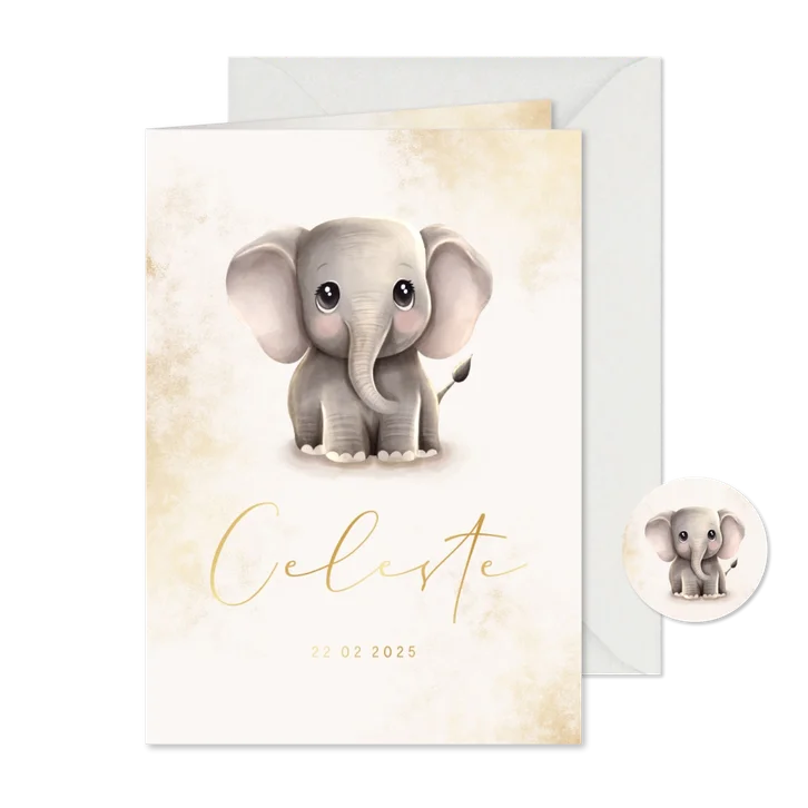 Geboortekaartje olifantje met gouden accenten stijlvol