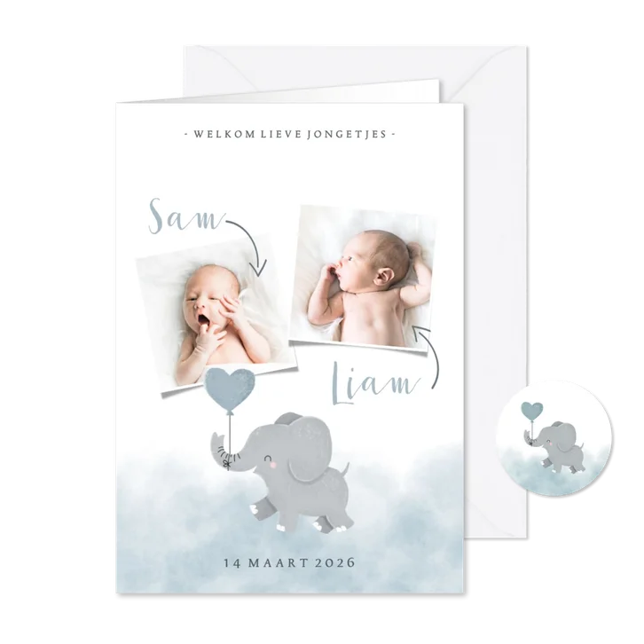 Geboortekaartje olifantje tweeling met en waterverf