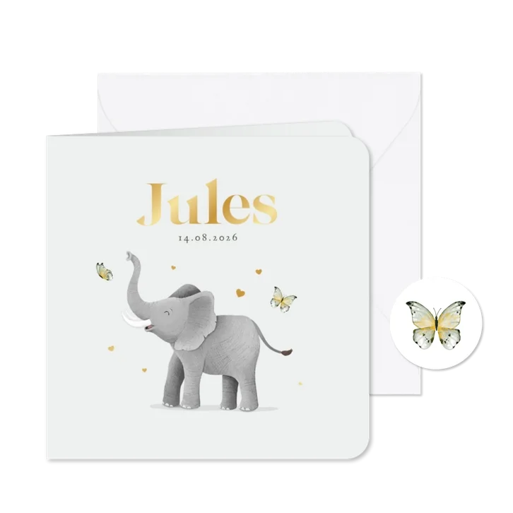 Geboortekaartje olifantje vlinders hartjes goud illustratie