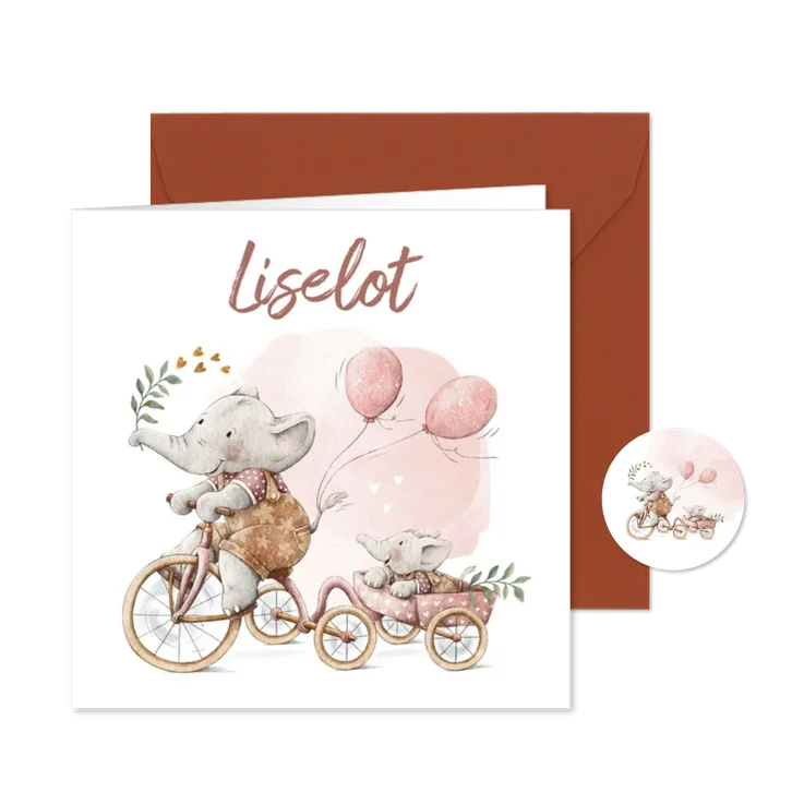 Geboortekaartje olifantjes op de fiets zusje