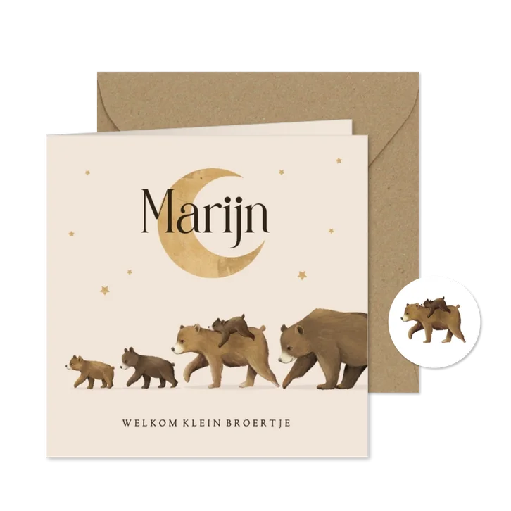 Geboortekaartje origineel beren maan sterren derde kind