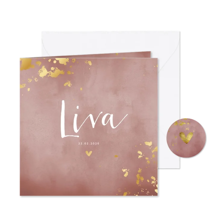 Geboortekaartje oud roze waterverf gouden spetters
