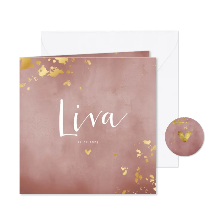 Geboortekaartje oud roze waterverf gouden spetters