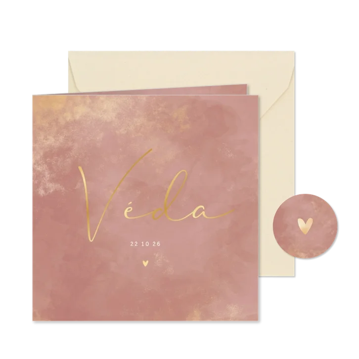 Geboortekaartje oudroze waterverf gouden poeder