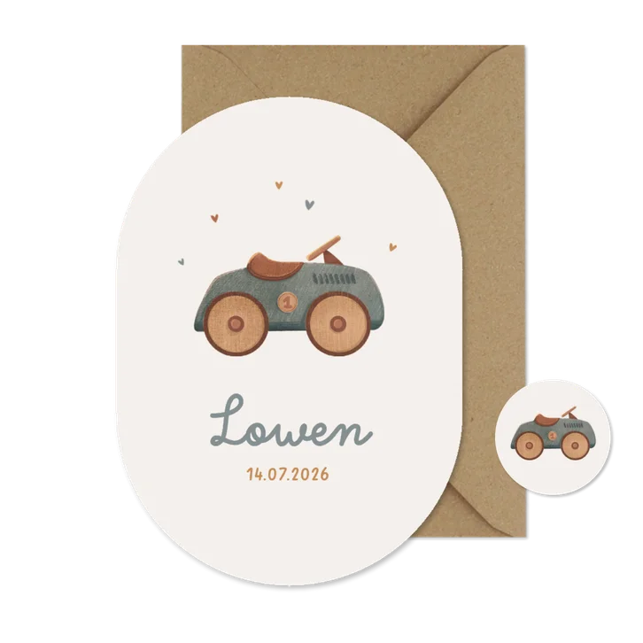 Geboortekaartje ovaal auto vintage retro speelgoed hout hip