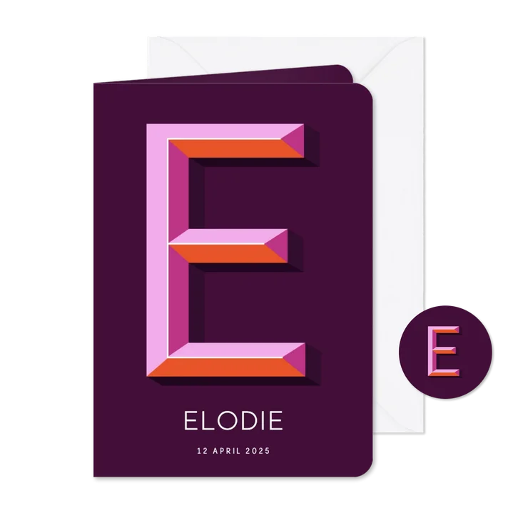 Geboortekaartje paars met gekleurde 3d letter E 