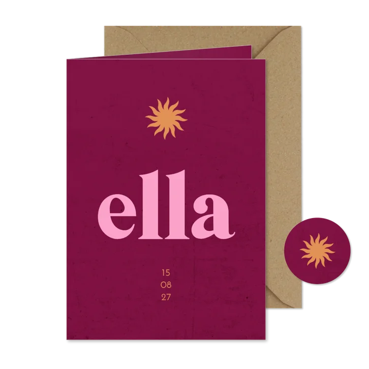 Geboortekaartje paars roze betonlook met oranje zonnetje