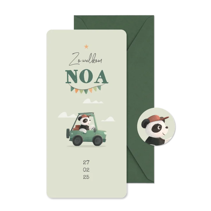 Geboortekaartje panda auto wolken sterren vlaggetjes