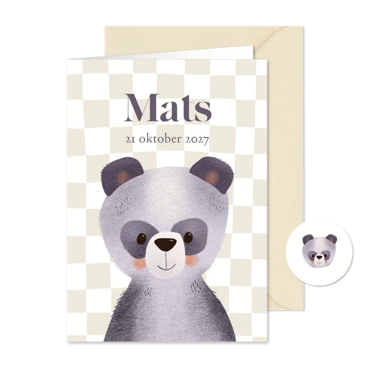 Geboortekaartje panda en blokjespatroon en eigen foto