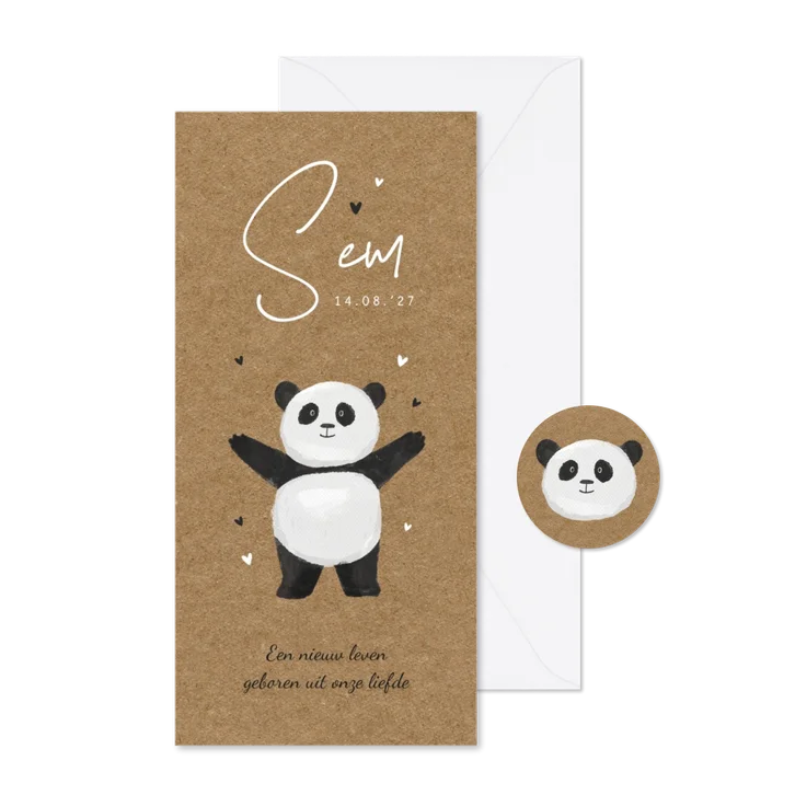 Geboortekaartje panda kraft hartjes lief 