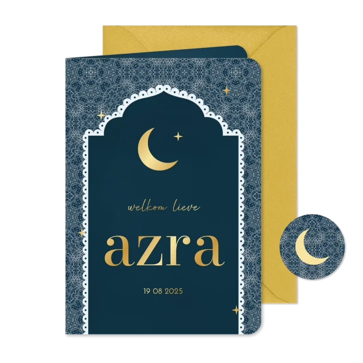 Geboortekaartje patroon en kader met maan donkerblauw