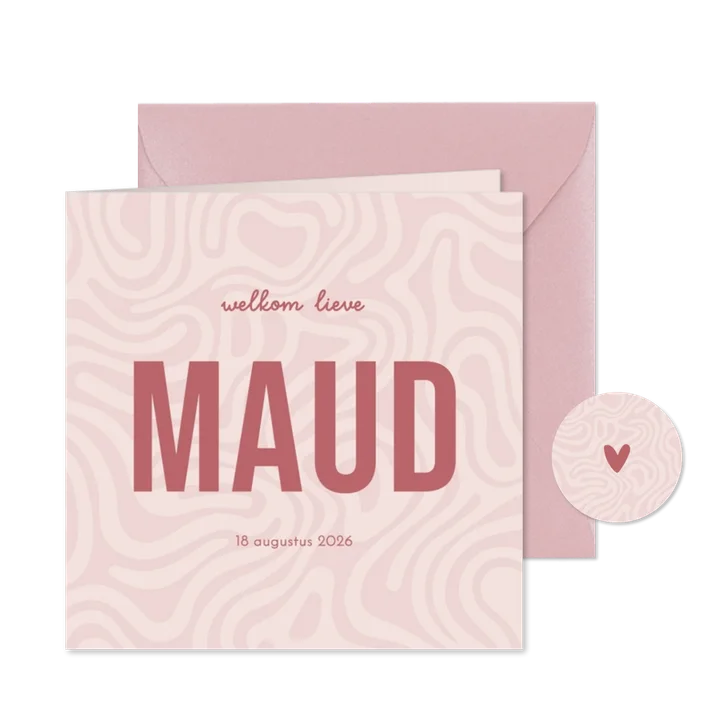 Geboortekaartje patroon wavy minimalistisch met roze