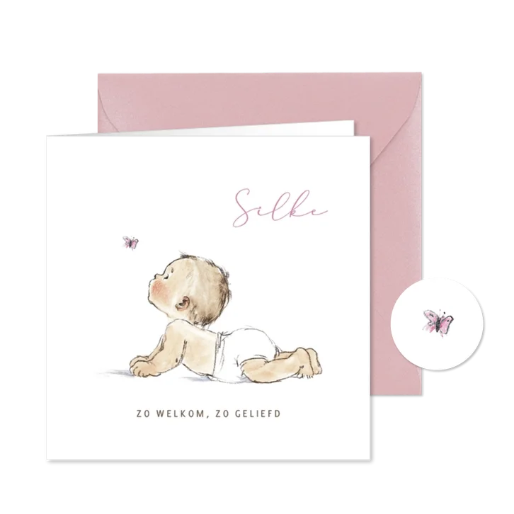 Geboortekaartje pentekening baby roze vlinder
