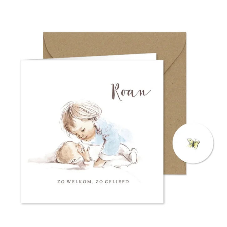 Geboortekaartje - Pentekening kleur grote broer met baby
