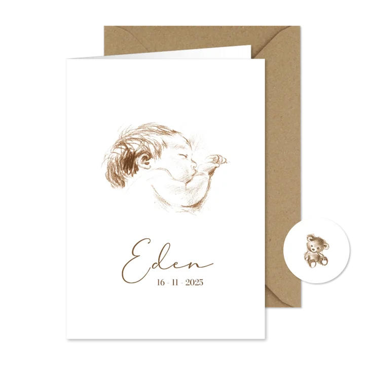Geboortekaartje pentekening sepia slapende baby